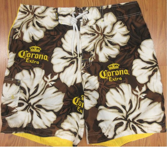 CORONA EXTRA CERVEZA SWIM SHORTS UNLINED BROWN FLORAL Sz 34
